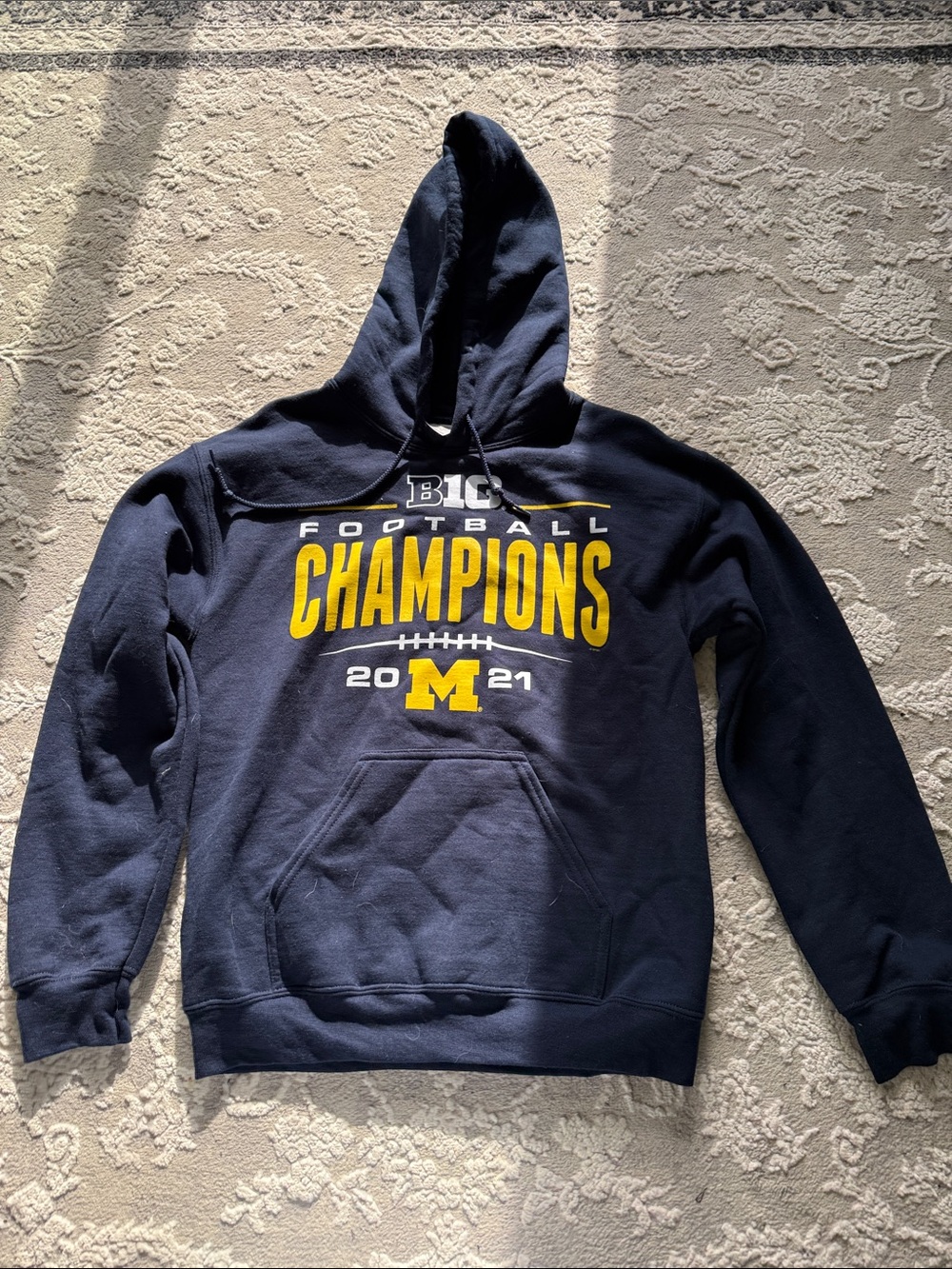 Gildan Navy Blue Football Champions Hoodie with Yellow Print